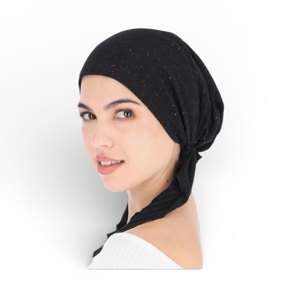 Black with Silver Sparkle Pre-tied Head Scarf  Stretchy‎ Ribbed Fabric NWOT